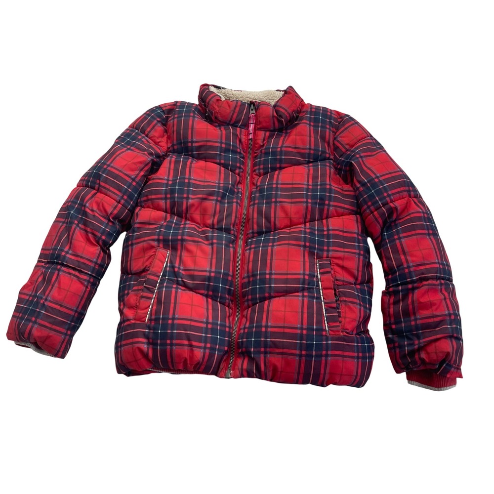 Boden Puffer Jacket Girls 9-10Y Red Plaid Sherpa Quilted Winter Coat NO HOOD